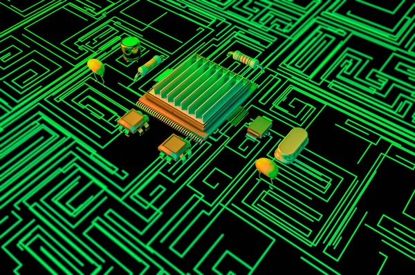 Microchip, power and speed. Presentation of the new microchip. Processor of a computer. Printed circuits. Information, quantum computer. Artificial intelligence, CPU. 3d render