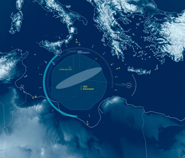地中海 イタリア ギリシャ リビアの海岸の衛星ビュー 山岳地帯の救援 難民と船や筏を検索します 移住者は海を渡る 難破船だ 3Dレンダリング — ストック写真