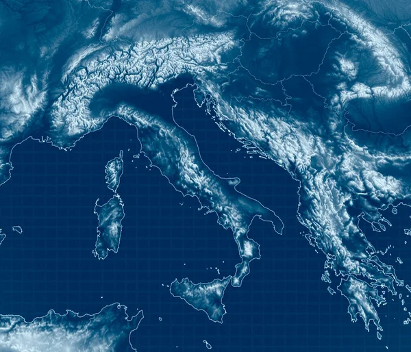 地中海的卫星图像 意大利 巴尔干和希腊海岸 山的浮雕 有山地浮雕的物理地图 3D渲染 — 图库照片