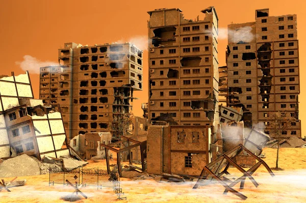 Debris Krigszon Med Soldater Byggnader Bombningar Terrorism Militär Strid Staden — Stockfoto