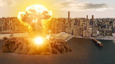 Lübnan 'ın Beyrut limanındaki patlama sırasında hava görüntüsü. Limanda amonyum nitrat depolanmış. 3 boyutlu görüntüleme. Sokaklar ve binalar. Beyrut 'un liman bölgesinin çoğunu harap eden patlama.