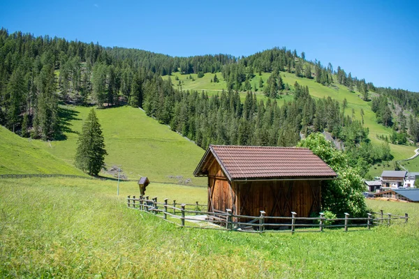 Log Cabin Dolomites Surrounded Green Fields Mountains Alpine Arch Alps — Stock Photo, Image