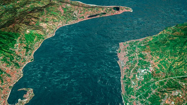 梅西纳海峡 卫星对海峡的观测 西西里和卡拉布拉海岸Messina和Reggio Calabria 连接这两个地区的桥梁工程 3D渲染 — 图库照片