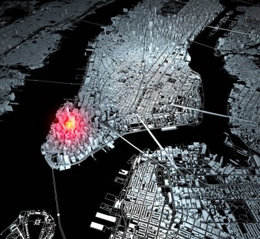 New York 'un uydu görüntüsü, harita, 3D binalar, 3D görüntüleme. Manhattan 'ın sokakları ve gökdelenleri. Sıfır noktası. Dünya Ticaret Merkezi sitesi. Usa