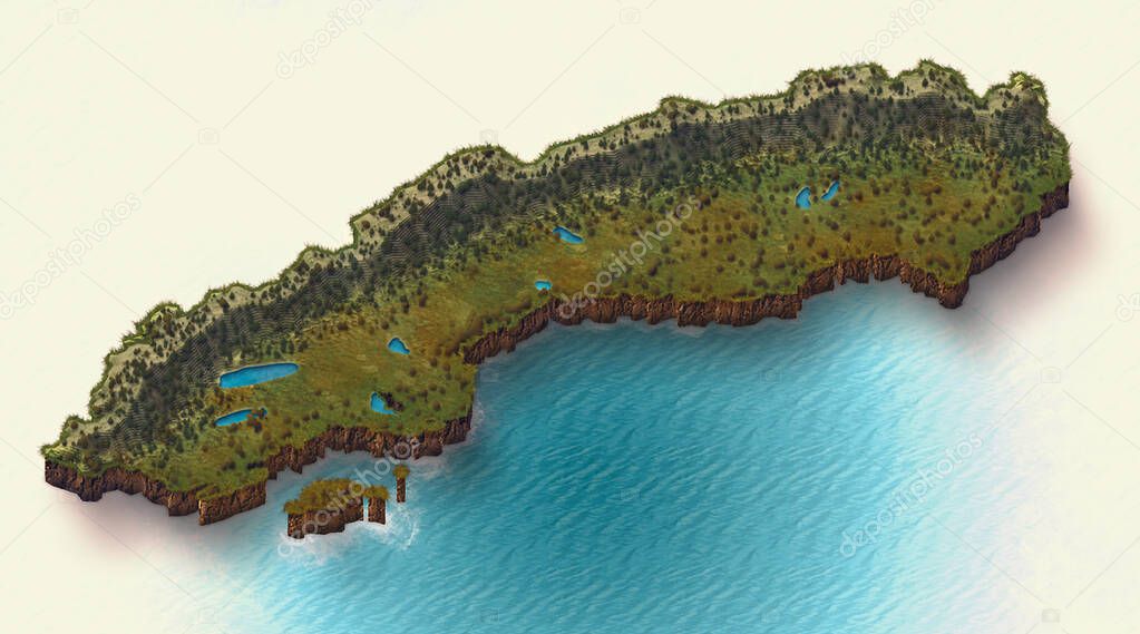 Satellite view of Sweden illustrated map including nature parks and lakes, vacations. Cutaway 3d effect of the terrain. 3d render