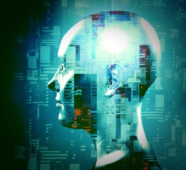 Dijital bilinç, beyin potansiyeli. Fikirler ve yenilikler. Zihnini boşalt. Sinapslar ve yapay zeka. Bulut ve küreselleşme. 3D görüntüleme. İnsan anatomisi ve beyni, yan görüş. 