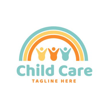 Gökkuşağı topluluk logo tasarım şablonu altında üç çocuk bakımı