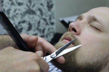 Mükemmel şekil leniyorum. Makas ve tarak ile yakın çekim yan görünüm. Master Barber saç modeli ve stil yok, Sakallı Adam Berber tarafından acımasız gay için Sakal Saç Kesimi başlar. Berber dükkanı.