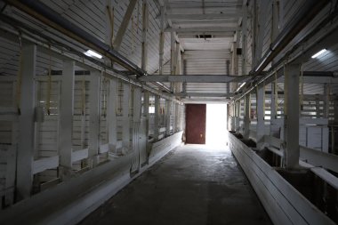 terk edilmiş bina. samanlıkları ile ahırda çiftlik barınak. İnekler veya Atlar gibi Çiftlik Hayvanları için Bir Ahır Içinde. Eski terk edilmiş boş ahırın içi.