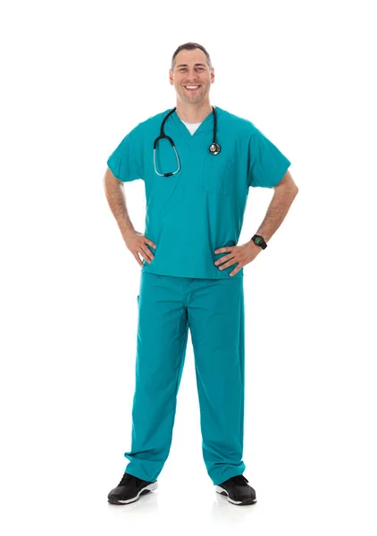 Humorous Male Doctor Scrubs Variety Poses White Isolated Background — Stock Photo, Image