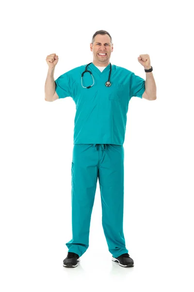 Humorous Male Doctor Scrubs Variety Poses White Isolated Background Frustrated — Stock Photo, Image