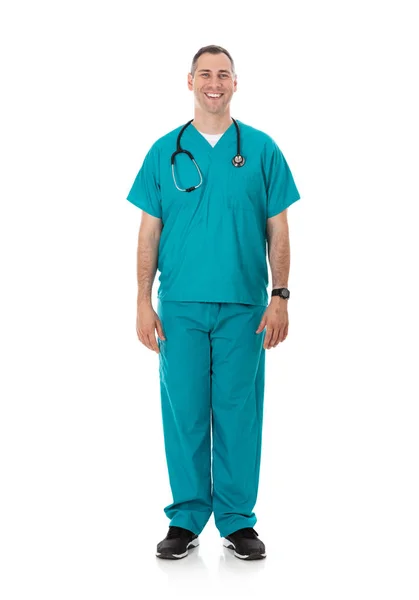 Humorous Male Doctor Scrubs Variety Poses White Isolated Background — Stock Photo, Image