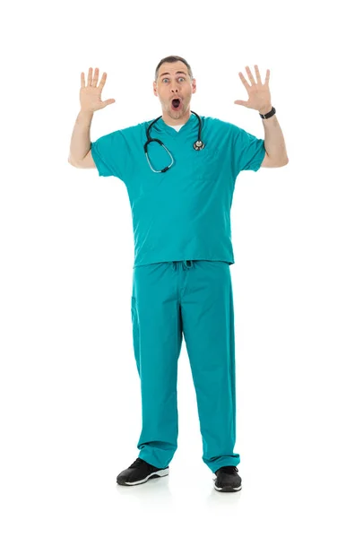 Humorous Male Doctor Scrubs Variety Poses White Isolated Background Scared — Stock Photo, Image