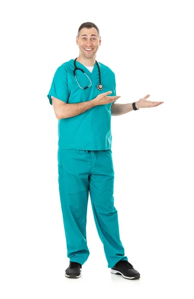 Humorous Male Doctor Scrubs Variety Poses White Isolated Background Male — Stock Photo, Image