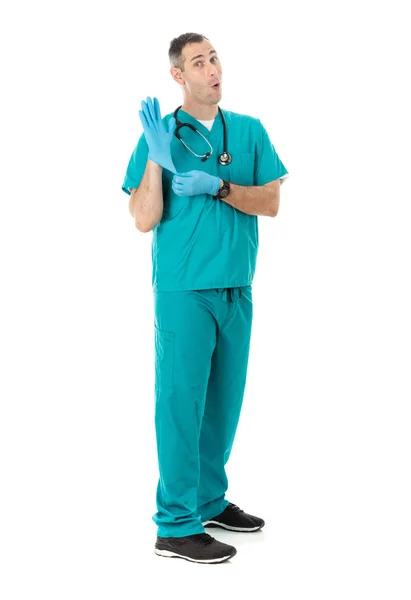 Humorous Male Doctor Scrubs Variety Poses White Isolated Background Wearing — Stock Photo, Image