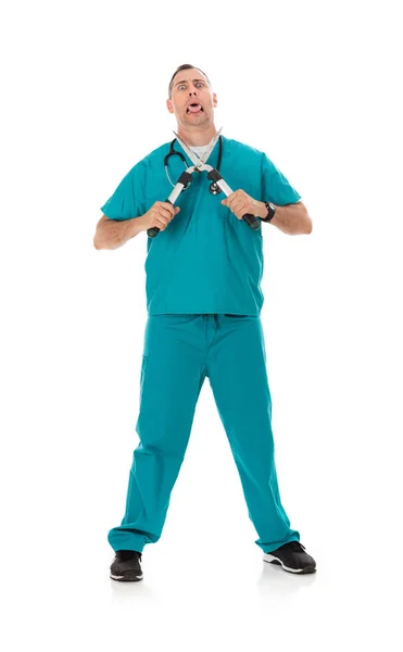 Humorous Male Doctor Scrubs Variety Poses White Isolated Background Humorously — Stock Photo, Image