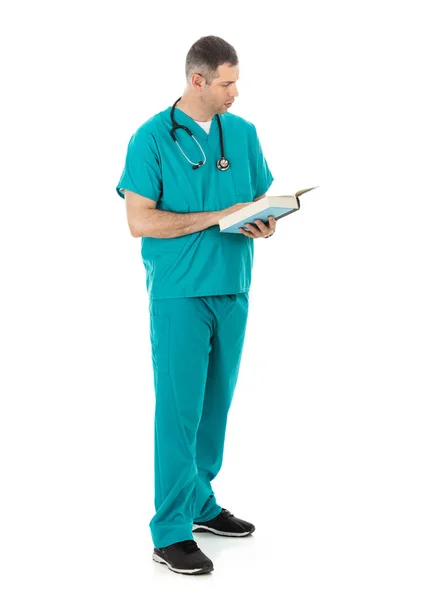 Humorous Male Doctor Scrubs Variety Poses White Isolated Background Reading — Stock Photo, Image