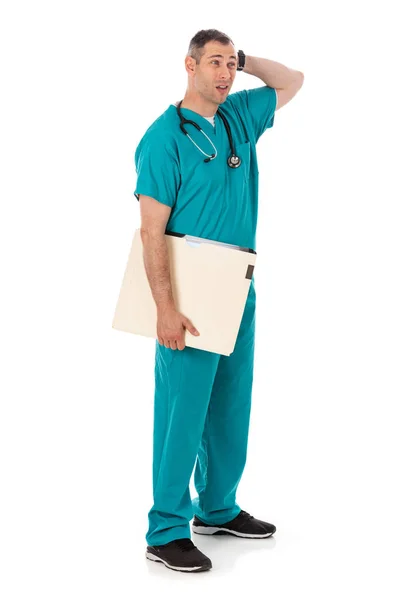 Humorous Male Doctor Scrubs Variety Poses White Isolated Background Looking — Stock Photo, Image