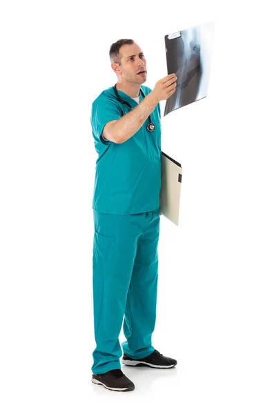 Humorous Male Doctor Scrubs Variety Poses White Isolated Background Looking — Stock Photo, Image