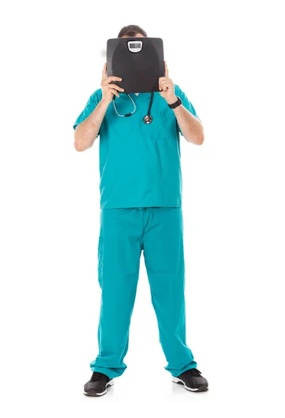 Humorous Male Doctor Scrubs Variety Poses White Isolated Background Holding — Stock Photo, Image