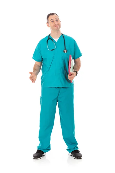 Humorous Male Doctor Scrubs Variety Poses White Isolated Background Friendly — Stock Photo, Image