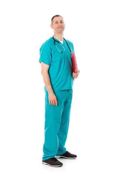 Humorous Male Doctor Scrubs Variety Poses White Isolated Background Friendly — Stock Photo, Image