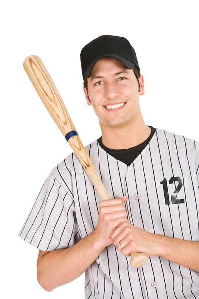 Béisbol: El jugador sonriente sostiene el murciélago de béisbol —  Fotos de Stock