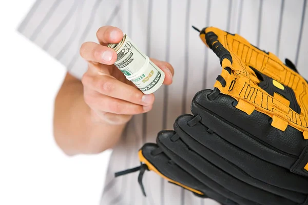 Baseball: Jogador segurando rolo de dinheiro — Fotografia de Stock