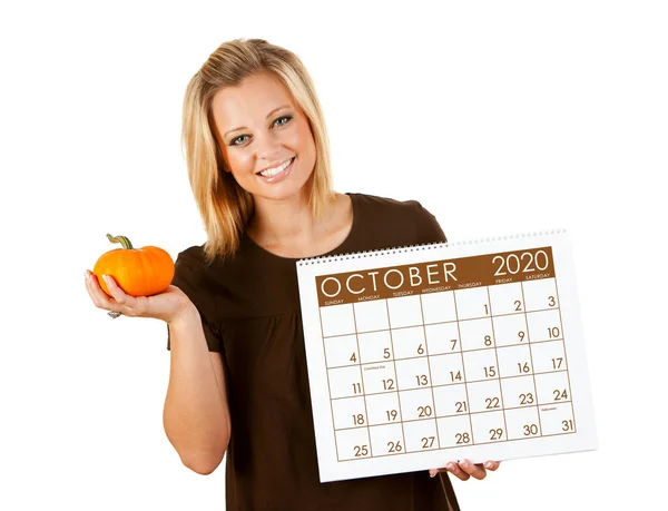 Cute Series Caucasian Woman Holding Calendar Different Times Year — Stock Photo, Image