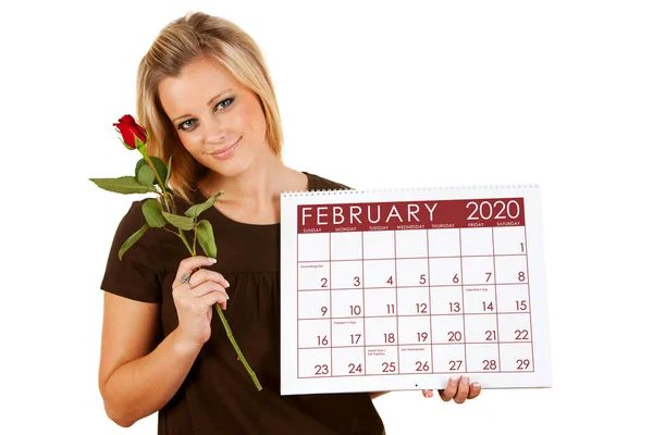 一个白人女人在一年中的不同时间都拿着日历的可爱系列 — 图库照片