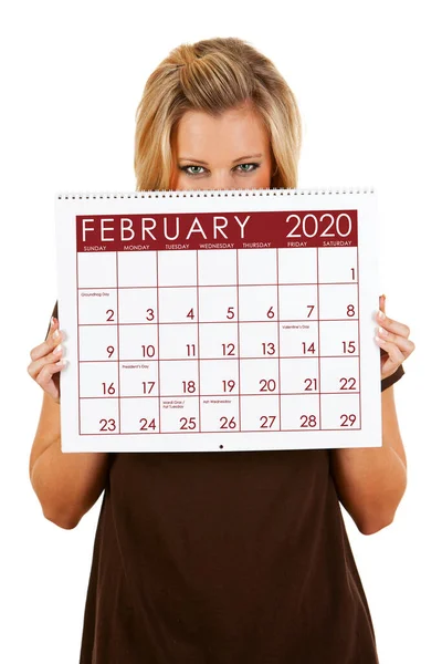 Nette Serie Mit Einer Kaukasischen Frau Die Einen Kalender Für — Stockfoto