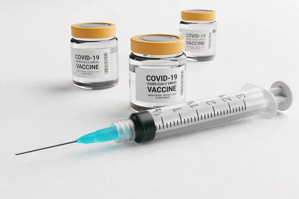 Een Illustratieconcept Van Een Injectiespuit Met Verschillende Injectieflacons Met Coronavirusvaccin — Stockfoto