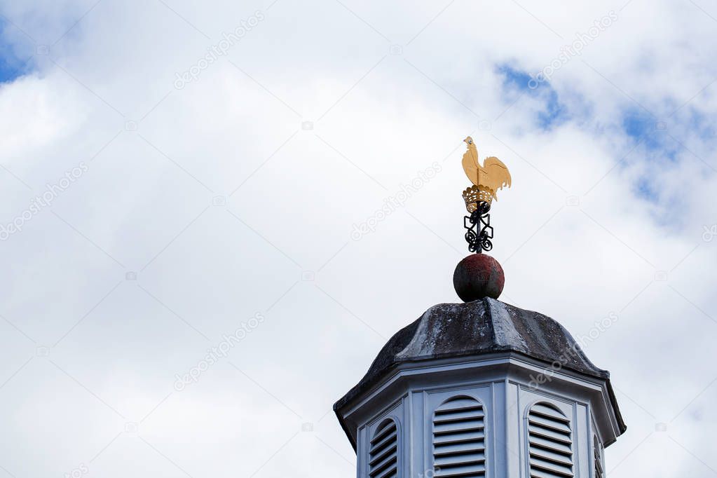 Weather vane roof top chicken rooster painted gold with cloudy b