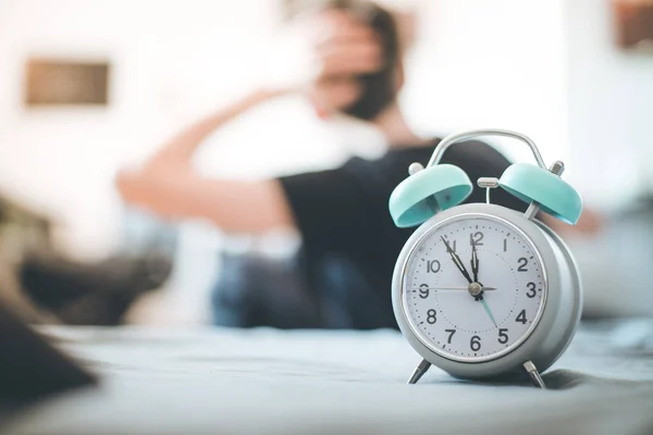 White Alarm Clock Morning Young Man Wakes Stretches Background — Stock Photo, Image