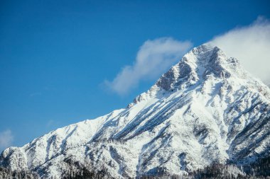 Epik karlı dağ tepe bulutlu kış, peyzaj, Alpler, Avusturya
