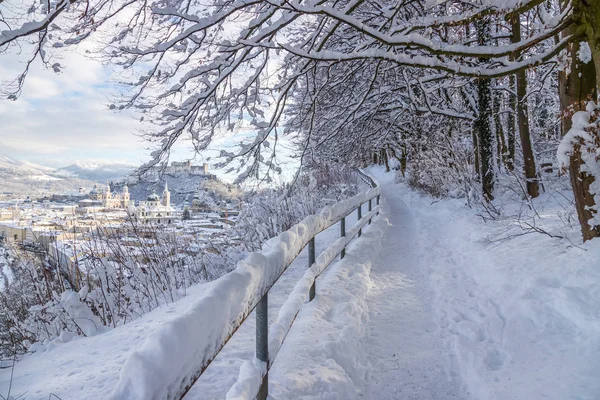 Pěší Promenáda Salcburku Zasněžená Zimní Krajina — Stock fotografie