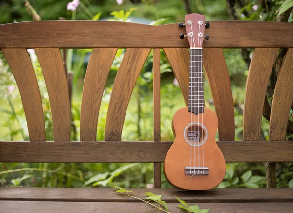 Ukulele Egy Fából Készült Padon Nyári Zöld Területen Foltos Háttér — Stock Fotó