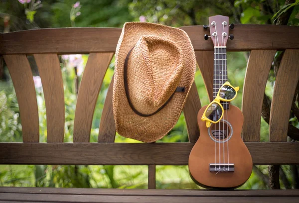 Ukulele Und Gelbe Sonnenbrille Auf Einer Hölzernen Parkbank Sommer Grünfläche — Stockfoto