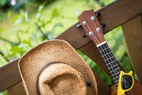 Ukulele Und Gelbe Sonnenbrille Auf Einer Hölzernen Parkbank Sommer Grünfläche — Stockfoto