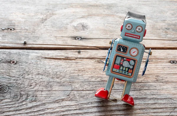 Brinquedo Robô Símbolo Para Chatbot Bot Social Algoritmos Textura Madeira — Fotografia de Stock