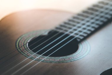 Kesikli bir klasik gitar corpus ve dizeleri, portre