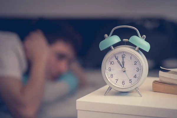 White Alarm Clock Bedside Table Young Tries Sleep Background Insomnia — Stock Photo, Image