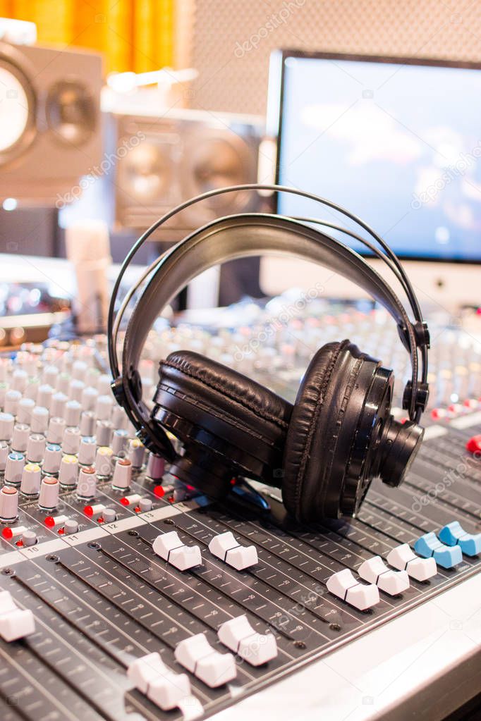 Professional sound recording studio: Headphones on a mixer desk, Radio