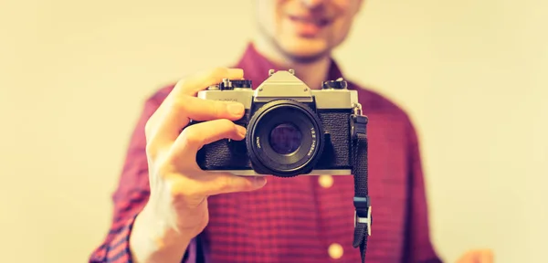 Young Man Red Blue Checked Shirt Taking Picture Vintage Camera — Stock Photo, Image
