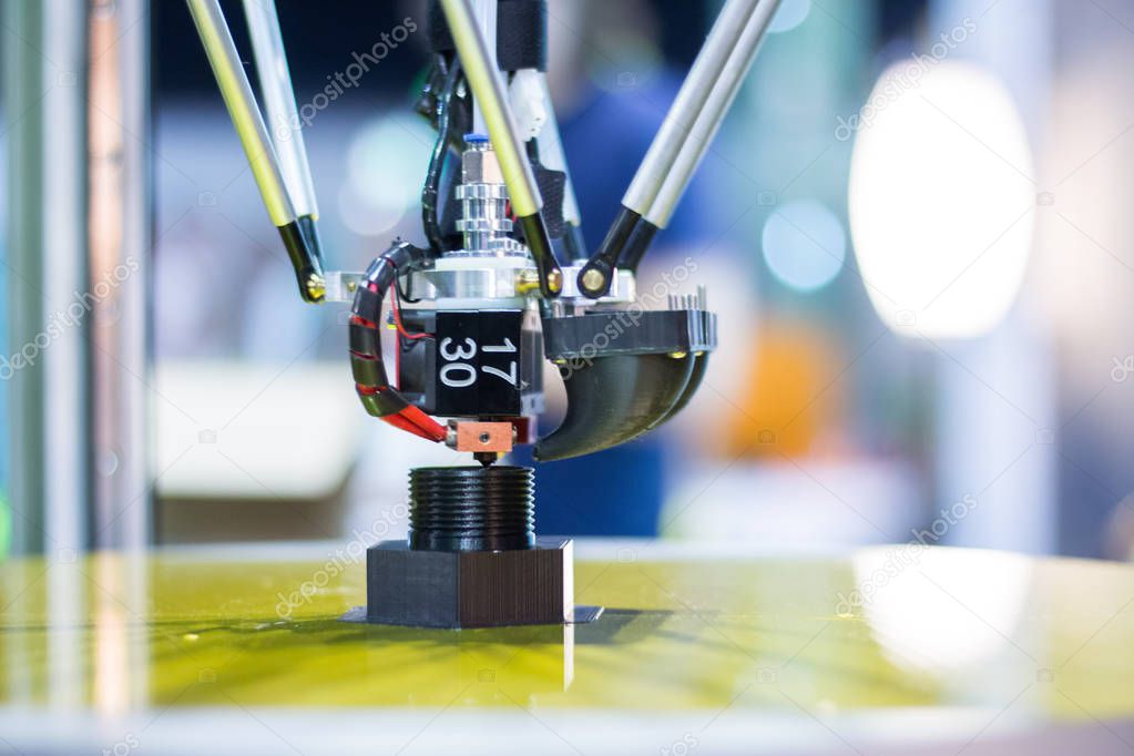 Automatic 3d printer performs a three-dimensional product creation, close-up 
