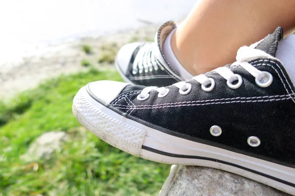 Black Sneakers Green Grass Summer Free Time Teenager — Stock Photo, Image