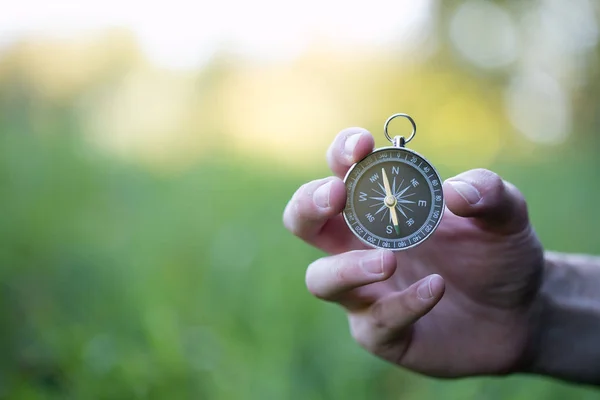 Compass holding in the hand, outdoor adventure