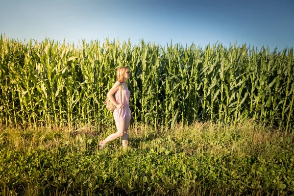 Young girl is taking a walk on a field, summer time — Stock Photo, Image