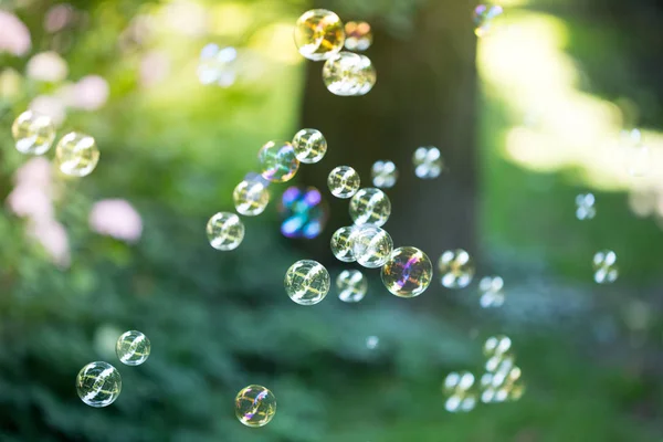 Mýdlové bubliny plovoucí ve vzduchu, letní čas — Stock fotografie
