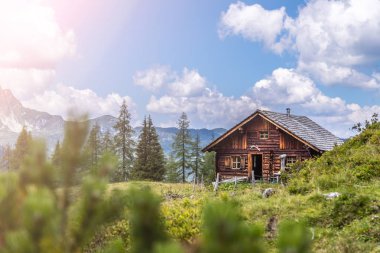 Pastoral dağ manzarası Alpleri'nde: Mountain chalet, çayırlar